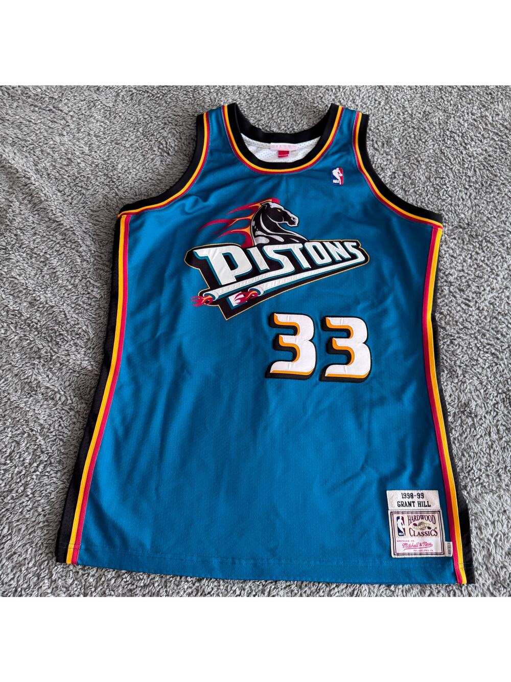 Authentic Mitchell & Ness Grant Hill Pistons 98-99 Away Teal Jersey Tailored 44